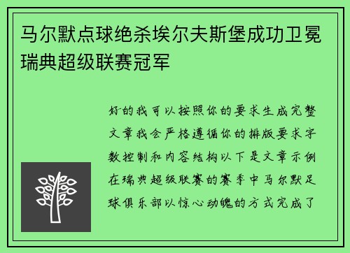 马尔默点球绝杀埃尔夫斯堡成功卫冕瑞典超级联赛冠军