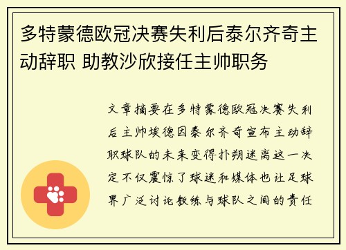 多特蒙德欧冠决赛失利后泰尔齐奇主动辞职 助教沙欣接任主帅职务 多特蒙德欧冠决赛失利后泰尔齐奇主动辞职 助教沙欣接任主帅职务